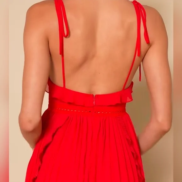 Lulus Never a Dull Moment Bright Red Tie-Strap Pleated Midi Dress, Size XL - Picture 4 of 11